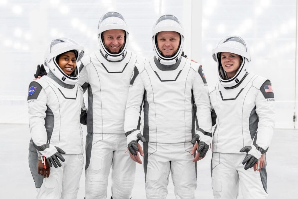 The first crew members of NASA's SpaceX Crew-9 on the International Space Station - including (from left), Stephanie Wilson, Nick Hague, Aleksandr Gorbunov of Roscosmos and Zena Cardman - pose for a group photo in their flight suits and SpaceX's new redesign of the Dragon. Office at the Kennedy Space Center in Florida. Cardman and Wilson lost their spots on the mission to make room for Suni Williams and Butch Wilmore.